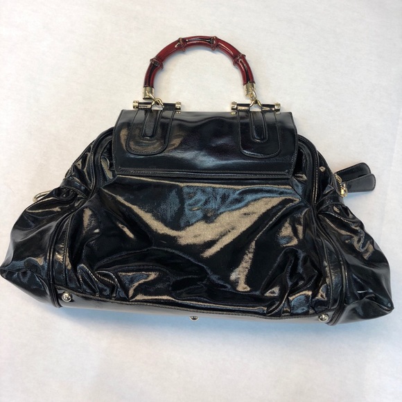 Gucci black pattern leather red bamboo handle - Picture 2 of 8